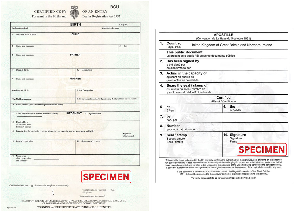 Specimen Certificat de Naștere Britanic și Apostila de la Haga
